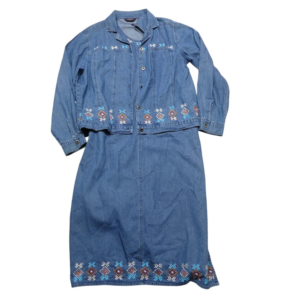 Agapo Dress Jacket Set Womens Large Blue Denim Embroidered Western Boho Outfit